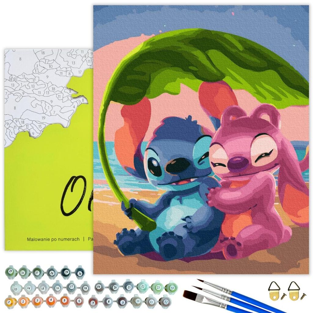 Oh Art! Malen nach Zahlen Kinder & Erwachsene mit Rahme – Stitch & Angel am Strand – Komplettset mit Acrylfarben, Pinseln & Rahmen – 40x50 cm...