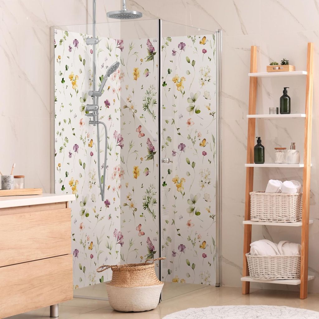 Duschrückwand Blumen selbstklebend - 0.35 mm Wandpaneel wasserfest Pflanzen violett Aquarell Badrückwand fugenlos Smart matt 90x210 cm