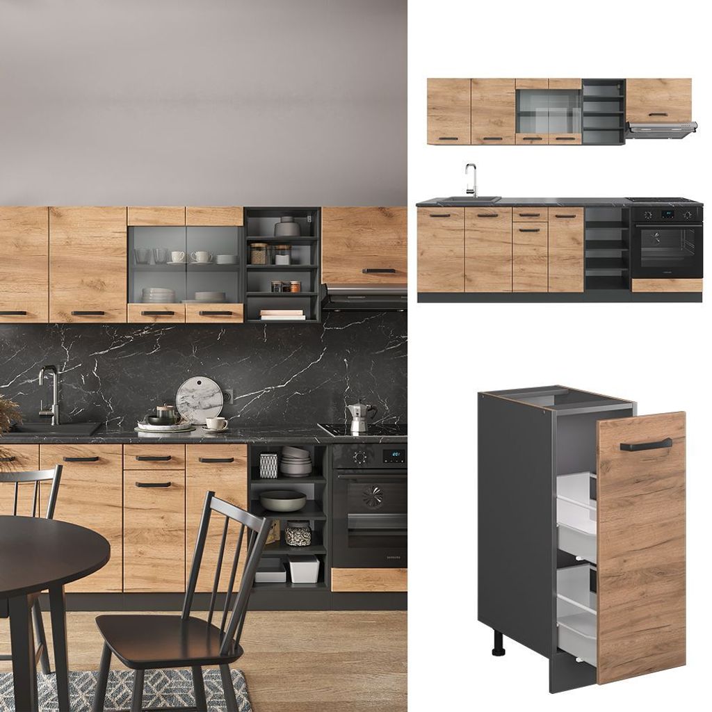 Vicco Cuisine Rline, 240 Cm Sans Plan De Travail, Chêne Doré/anthracite