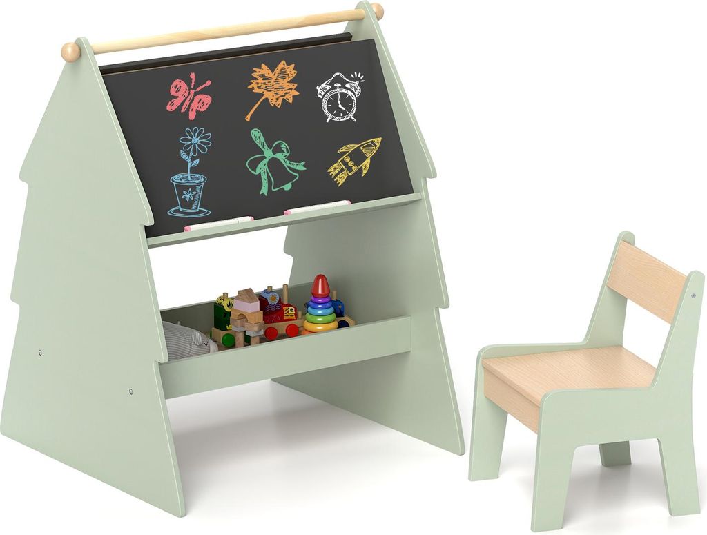 GOPLUS Kinder Staffelei und Stuhl Set, baumförmige Malstaffelei mit doppelseitiger Tafel, stehende Kindertafel mit Spule & Ablagefläche, Grün