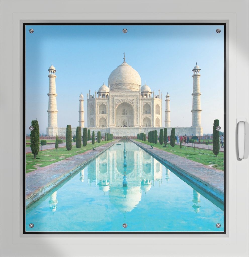 Wallario Lichtschutzbild, Dekorativer Sichtschutz Sonnenschutz 96 x 100 cm mit Motiv: Taj Mahal - Mausoleum in Indien - Verdunklung ohne Bohren