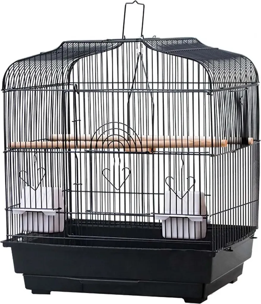 Cage de transport pour petits oiseaux en métal noir avec écuelles - 39cm