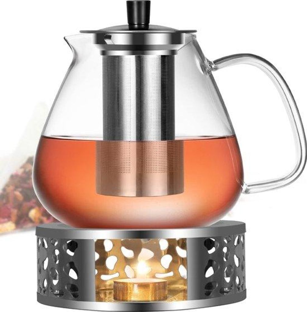 Glaserne Teekanne 1500ml mit Sieb, kaarsenwarmer, spülmaschinenfest, für heiße und kalte Getränke