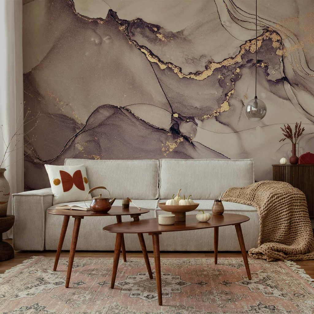 Vlies Fototapete - Watercolour Abstraction - Powder Pink Marble With Gold Accents 100x70 cm Muster f-B-10088-a-a