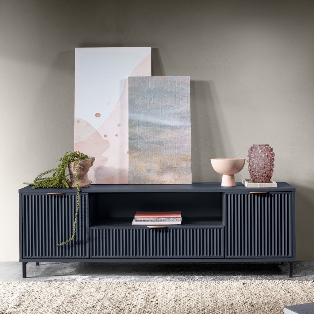 TV Lowboard in Indigo blau mit Rillenoptik 165 cm LAURO-161 Produktbild 