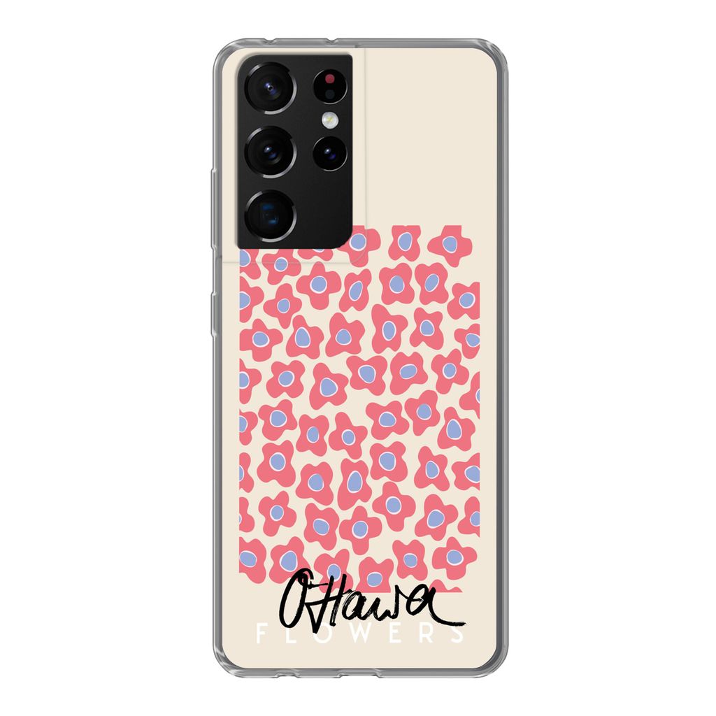 MuchoWow Handyhülle Schutzhülle Hülle für Samsung Galaxy S21 Ultra Blume - Muster - Rosa Silikon Softcase Handy Hülle - Mobiltelefon