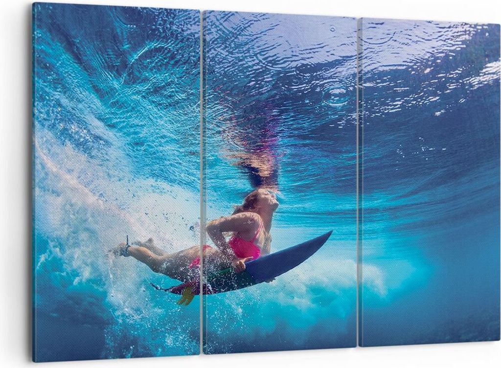 Bild auf Leinwand - Leinwandbild - 3 Teile - Surfen Frau Unterwasser - 105x70cm - Wand Bild - Wanddeko - Wandbilder - Leinwanddruck - Bilder - Wand...