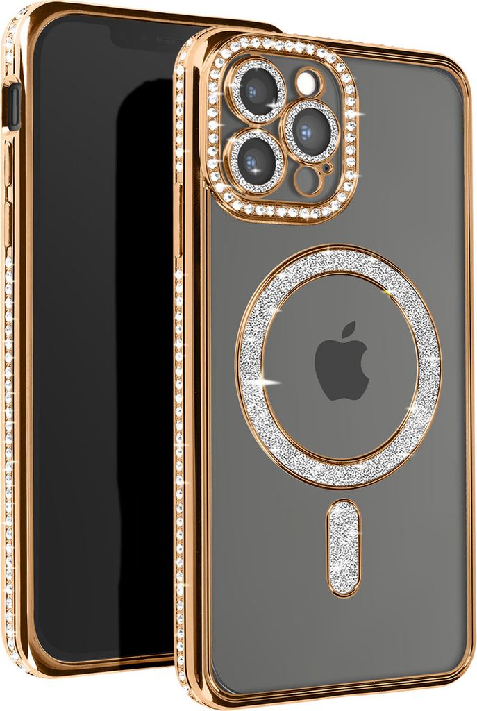 Avizar, Diamant-Hülle für iPhone 12 Pro Max – MagSafe-Schutz mit Strass-Rand, Gold