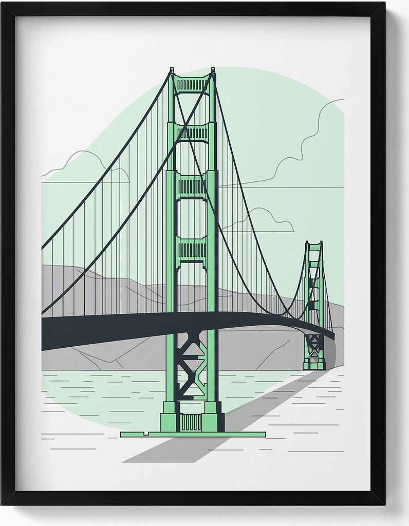 Zeichnung der Golden Gate Bridge– Wandbild mit Rahmen – Gerahmtes Bild – Wanddekoration – 60x80 cm – Schwarz Rahmen