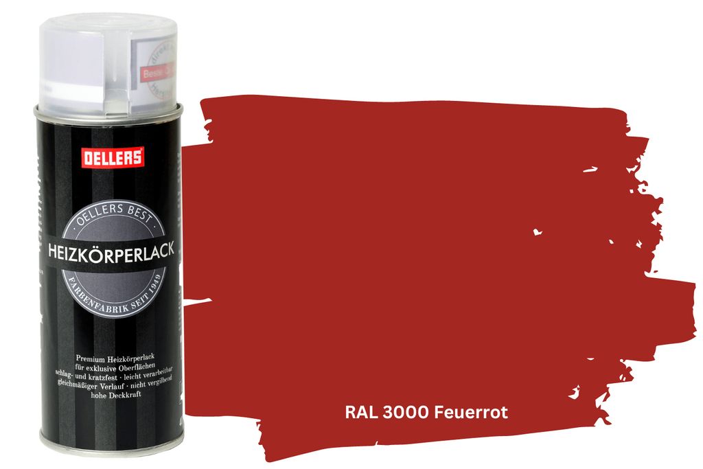 OELLERS Premium Heizkörperlack Spray RAL 3000 Feuerrot – 400 ml Sprühlack glänzend | Hitzebeständige Heizkörperfarbe | Hochdeckende Sprühfarbe
