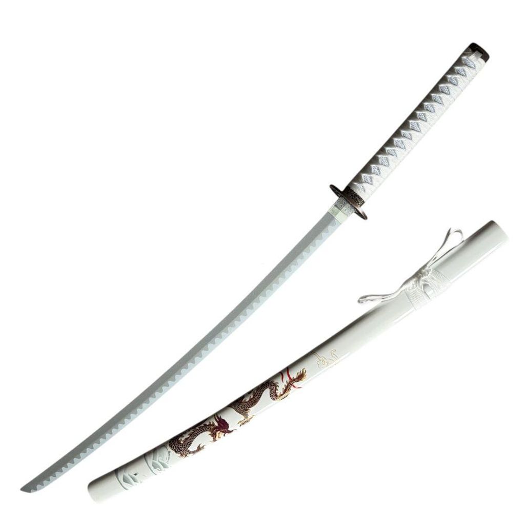 Katana decorativa in bambù, bianca, con drago e fodero Immagine del prodotto 
