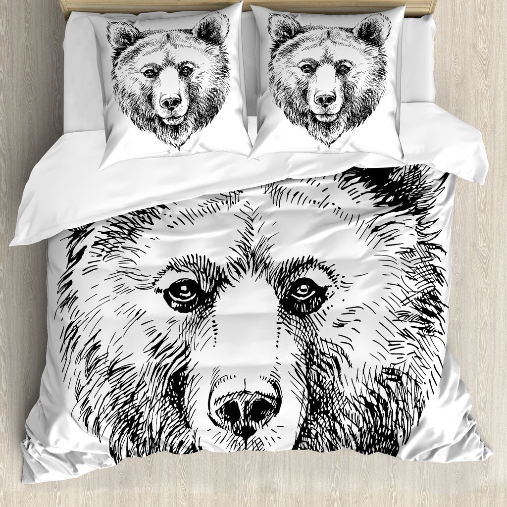 ABAKUHAUS Tier Bettbezug, Grizzlybär Ink Sketch, Milbensicher Allergiker geeignet mit Kissenbezügen, 200 cm x 200 cm - 80 x 80 cm, Schwarz-Weiss