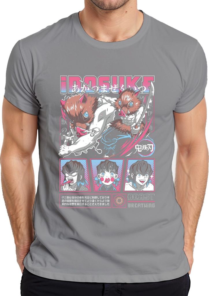 Inosuke Kimetsu no Yaiba Ebermaske Anime Geschenk Beast Herren T-Shirt, Grau, M
