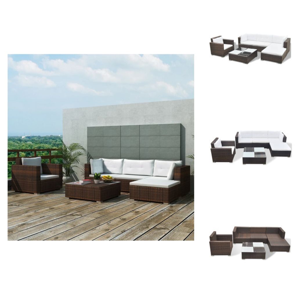 vidaXL 6-tlg. Garten-Lounge-Set mit Kissen Poly Rattan Braun - Gartenmöbel-Sets