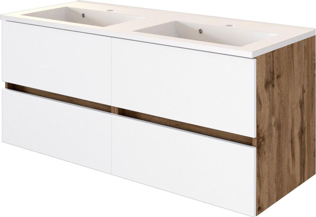 Waschbeckenschrank Luna 120cm mit Doppelwaschbecken und 4 Schubladen - Eiche/Weiß