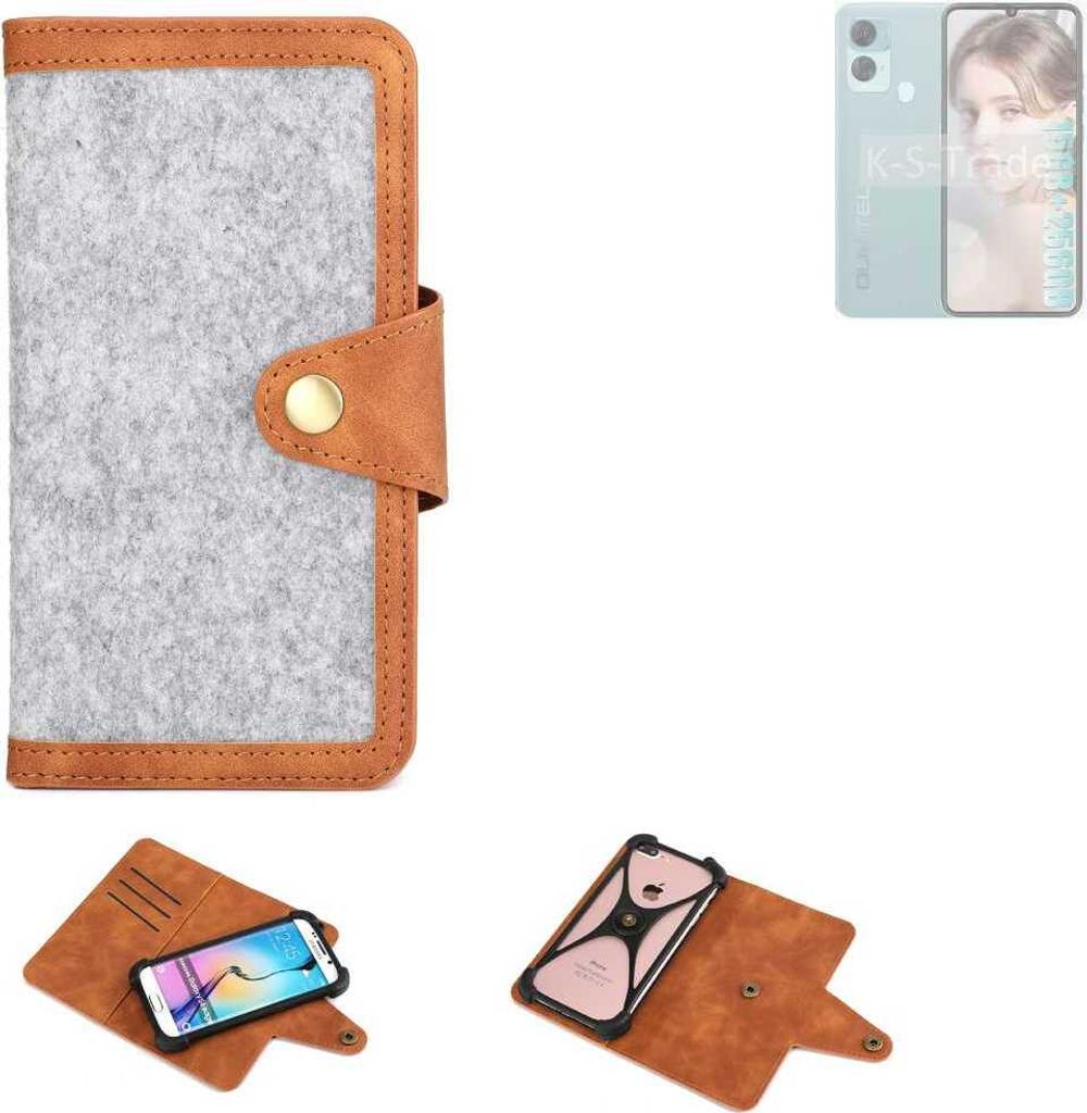 K-S-Trade Handyhülle kompatibel mit Oukitel C33 Schutzhülle Filz-Hülle Kunst-Leder hellgrau braun (1x)