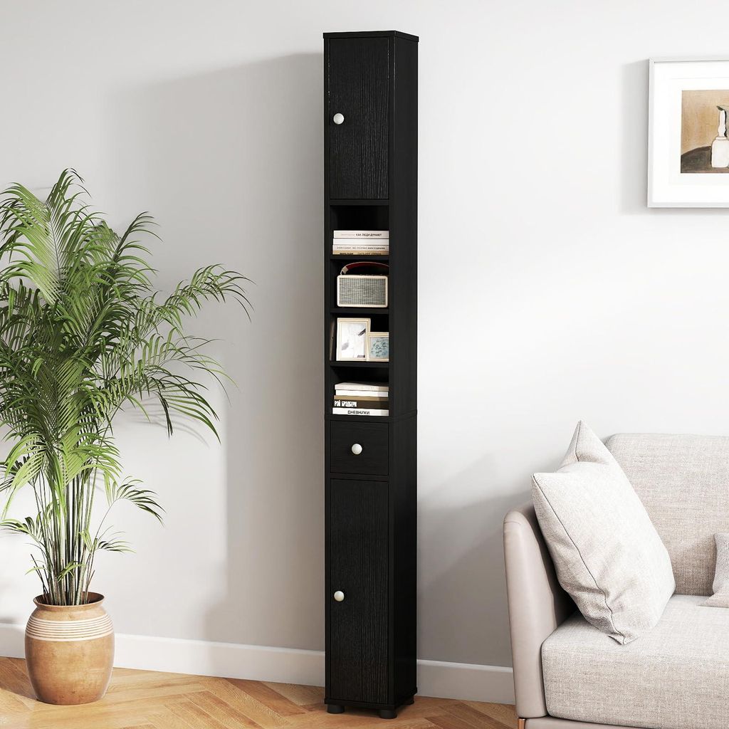 GOPLUS Badezimmerschrank hoch, Hochschrank mit Schublade, verstellbare Ablagen, offenes Fach, Badschrank schmal für Badezimmer, Wohnzimmer (Schwarz)