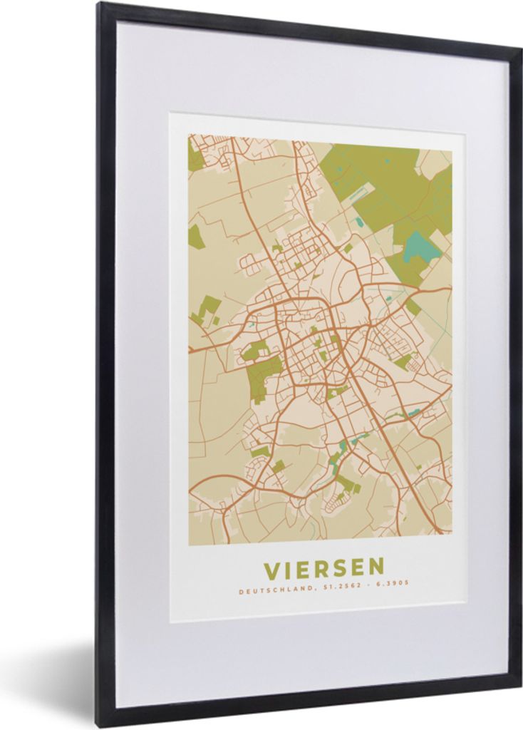 MuchoWow Gerahmtes Poster Stadtplan - Viersen - Vintage - Stadtplan 40x60 cm - Poster mit Schwarzem Bilderrahmen Wandposter Rahmen Foto Bilder - ...