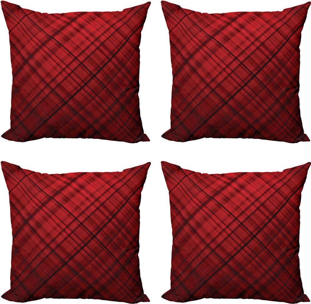 ABAKUHAUS Rot und Schwarz Kissenbezug Set (4 Stück), Scottish Kilt Muster, Moderner Doppelseitiger Digitaldruck, 50 cm x 50 cm, Burgund und Scarlet