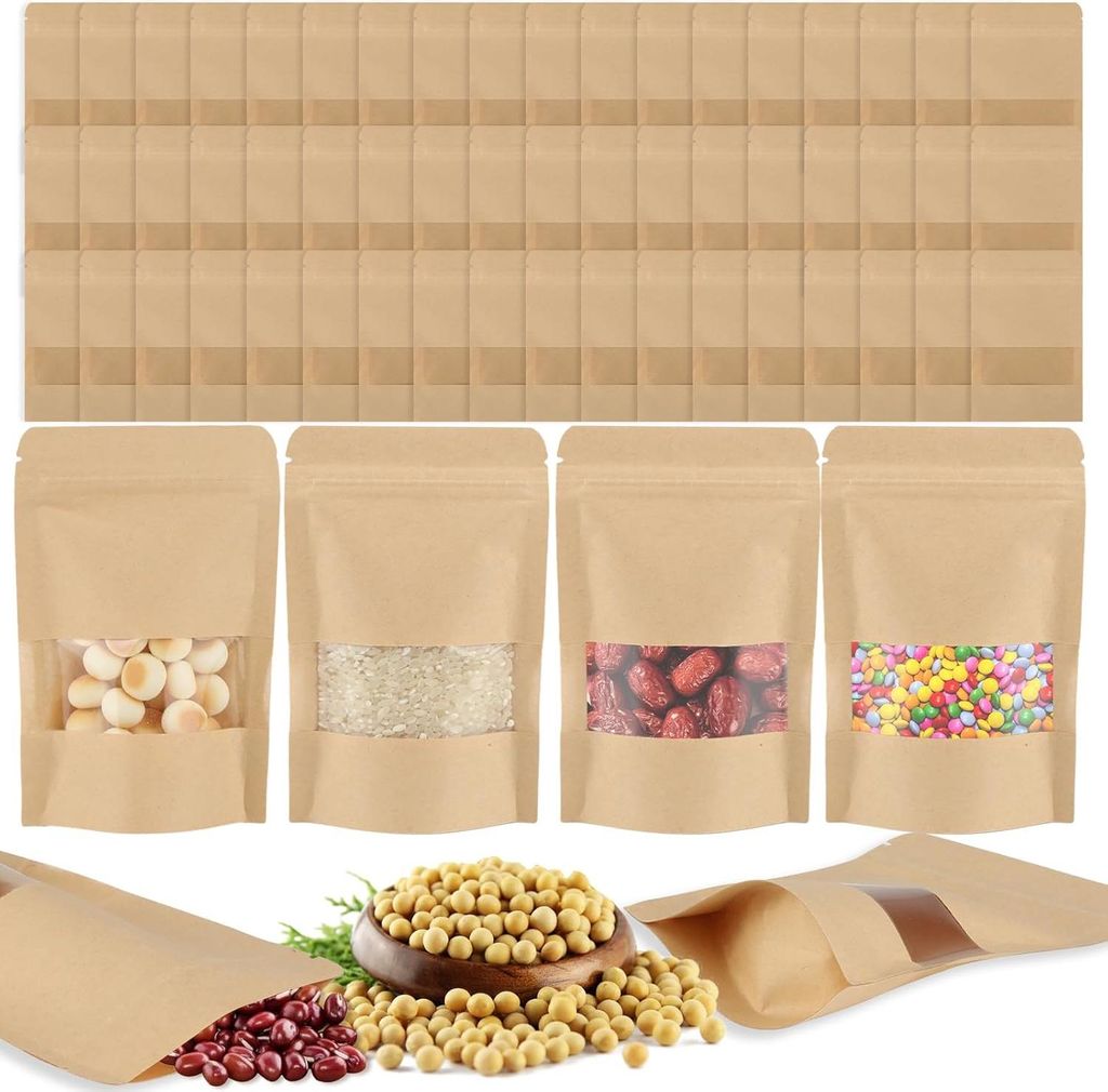 60 Stück Kraftpapiertüten mit Sichtfenster, 9 x 14 x 3cm Standbodenbeutel, Wiederverwendbare Tee Tüten, Gewürztüten, Geeignet zum Verpacken vo...
