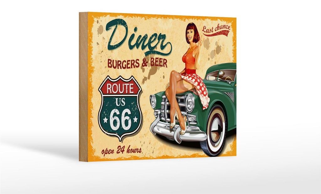 Holzschild Pinup 18x12cm Retro diner burgers beer