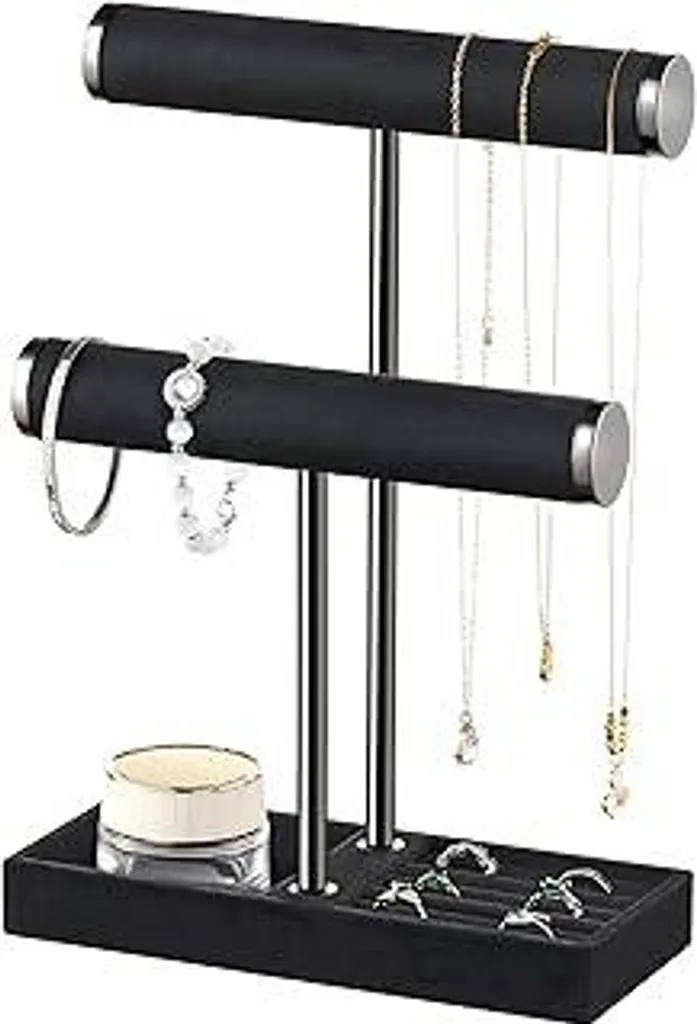 Josmimic Organizer per gioielli a 2 livelli - Nero Portagioie per bracciali, supporto per gioielli con barra a T rimovibile, porta bracciali in velluto, porta gioielli per bracciali, collane, orologi, anelli