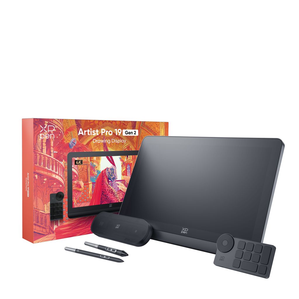 A product shot of a drawing display and its accessories, with the product box in the background.