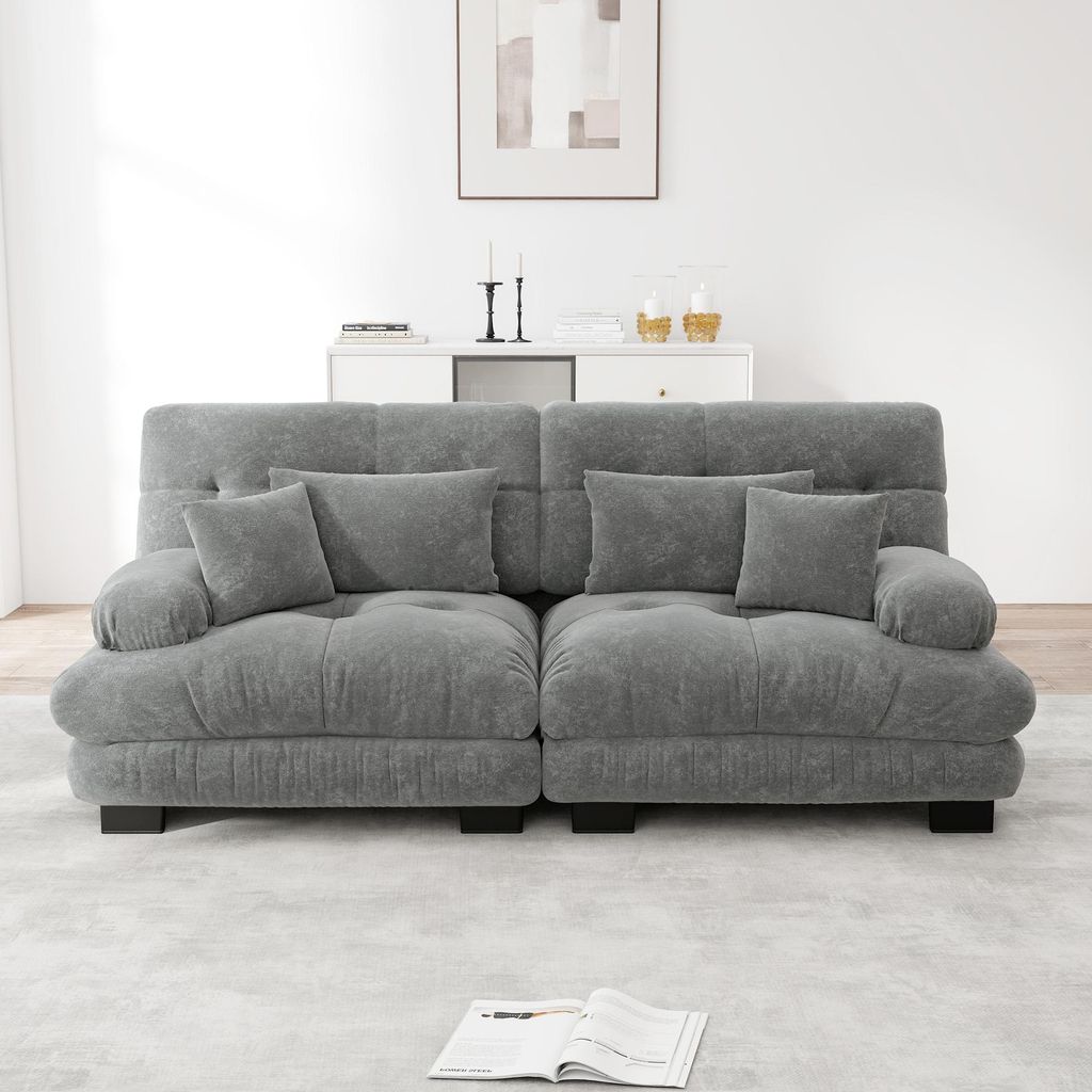 Sweiko Cloud Ecksofa für Wohnzimmer, Chenille Doppelsofa mit 2 Lendenkissen und 2 Dekokissen, Massivholzrahmen, Chenille Grau