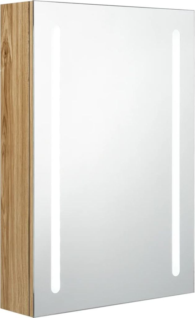 A product shot of a bathroom mirror cabinet with LED lights.