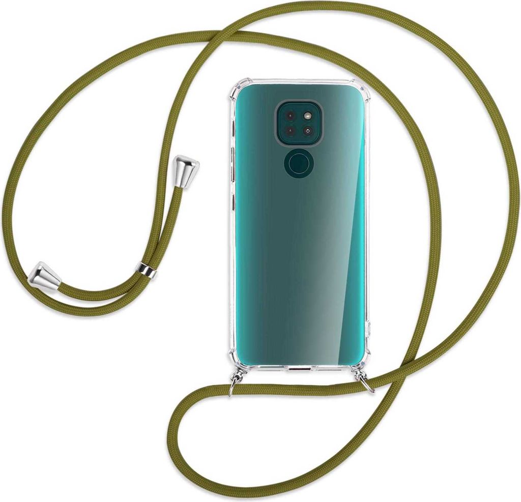 Handykette Backcover-Schutzhülle mit Band (Metall silberfarben) für Motorola Moto G9 / G9 Play - khaki