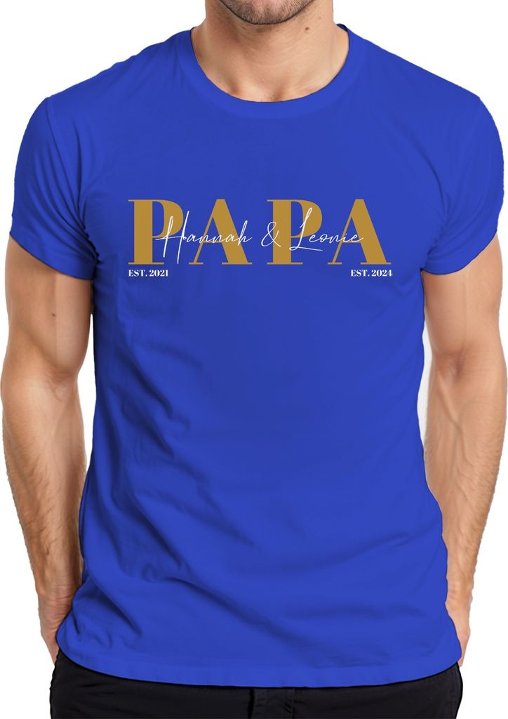 Papa Est. Geburtsjahr und Name von Sohn und Tochter werdender Papa Geschenk Herren T-Shirt, Blau, 3XL