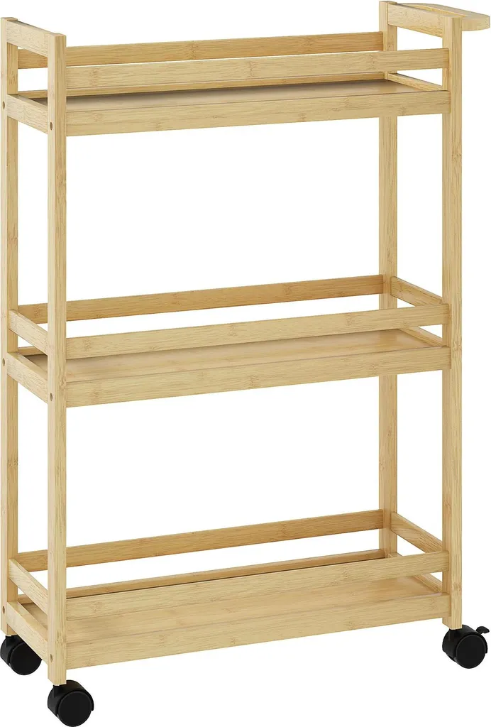 Petit meuble de rangement 3 niveaux en bambou sur roulettes pivotantes