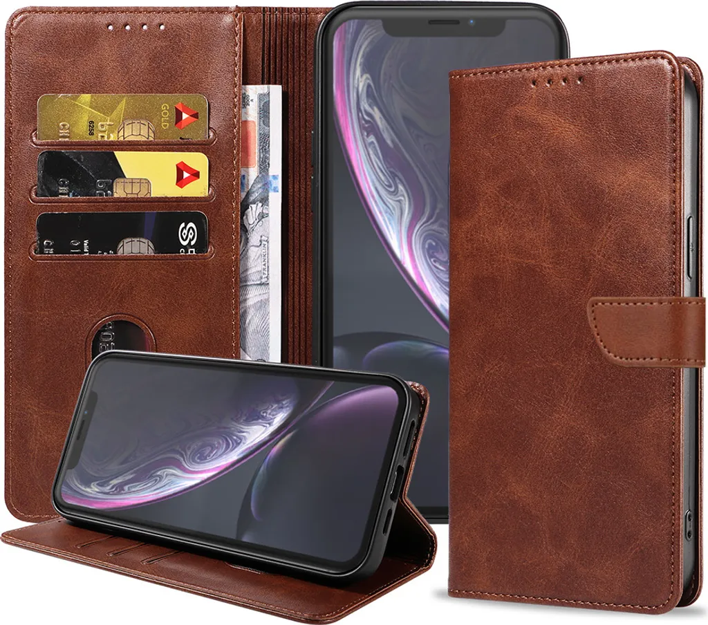 Custodia per iPhone XR in ecopelle con labbro magnetico e portacarte a libro con patta - Marrone scuro - Smartphonics