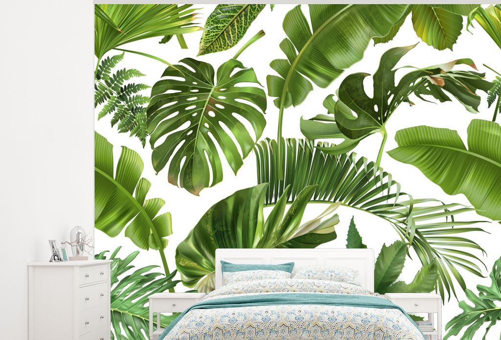 MuchoWow Fototapete für Wohnzimmer oder Schlafzimmer Wandtapete Vinyl Motivtapete Blätter - Weiß - Muster - Mädchen - Kinder - Jungen - Kinde...