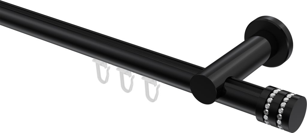 Interdeco Innenlaufstange / Gardinenstange mit Innenlauf Schwarz, Typ Platon Estana (Glitzerkappe), 20 mm Ø 1-läufig, 160 cm
