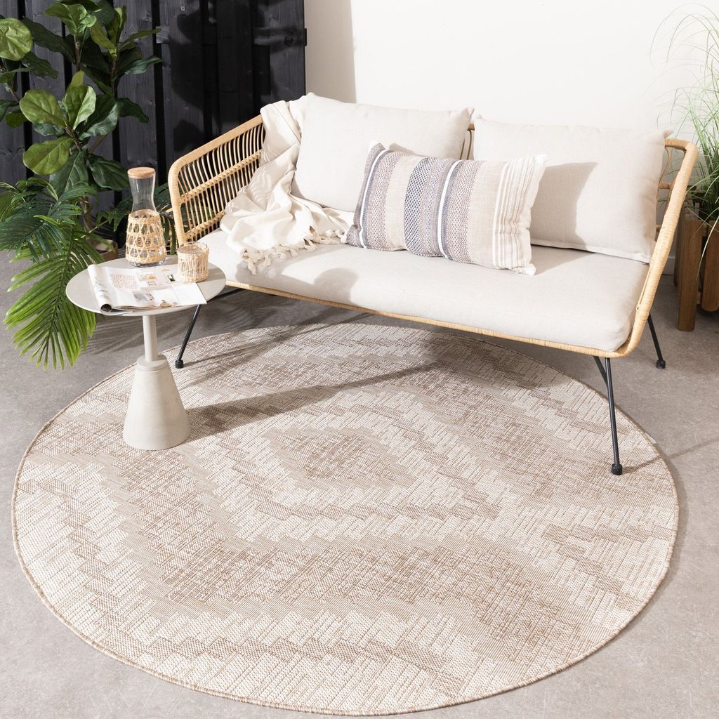 Outdoor Jute Teppich Rund - Atlas Diamond Braun Creme - Ø 100 cm - Wohnzimmer, Esszimmer, Balkon, Garten, Terrasse - FRAAI | Home & Living - Boho
