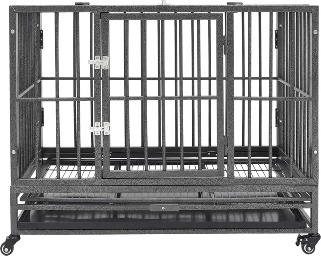 Cage pour chien en acier avec roulettes freinées et plateau amovible