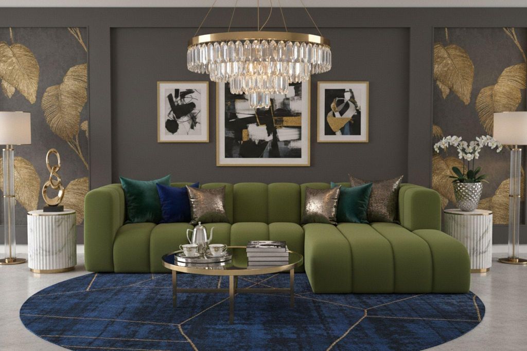 Kaiser Möbel Ecksofa L-Form Grand L 287 cm, Veloursstoff Salvador, Olive, Rechts