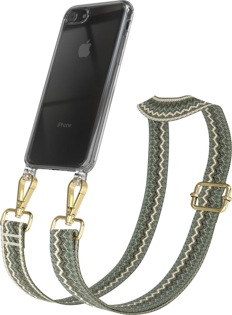 Apple iPhone SE (2022 / 2020) / iPhone 8 / 7 Chain Eyelets Slim Neck Strap Set Wave Style 07 Green/Beige 04 Metall Gold