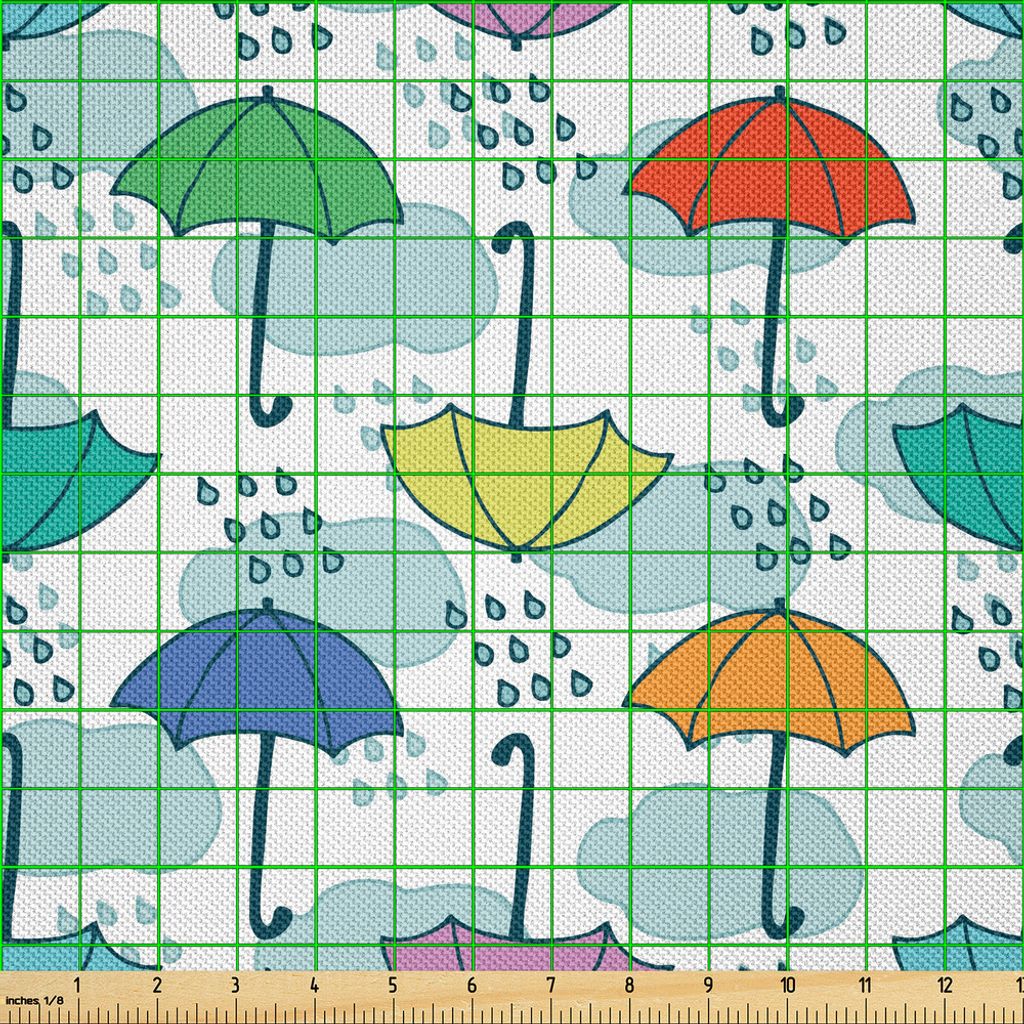 ABAKUHAUS Regenschirm Satin Stoff als Meterware, Sonnenschirm-Muster im Regen Cartoon-Stil Bunte Motive in Cumulus Entwurf, 2 M (148 x 200 cm), Meh...