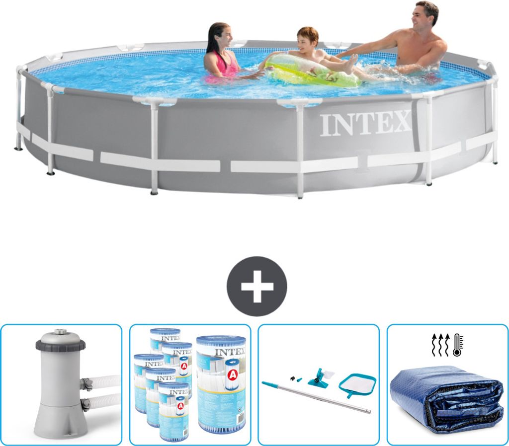 Intex Round Prism Frame Swimming Pool – 366 x 76 cm – Grau – inklusive Pumpe Filter - Reinigungskit - Sonnensegel