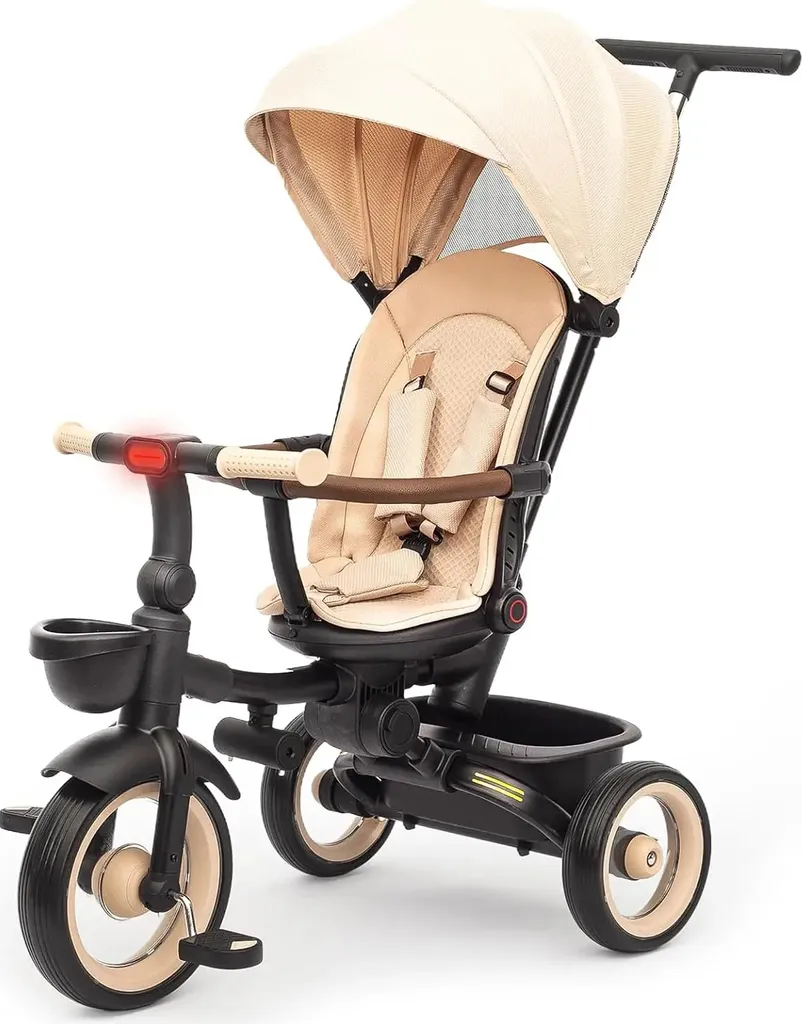 Tricycle bébé kaki avec capote amovible et ceinture de sécurité 3 points