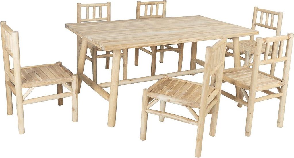 Garten-Esstischgruppe - Teakholz: Tisch L180 cm + 6 Stühle - Holzfarben hell - TULUM von MYLIA