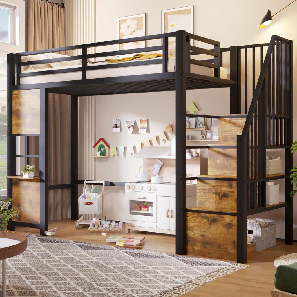 Hochbett mit Fensterdesign, Sicherheitsgeländer und offener Produktbild 