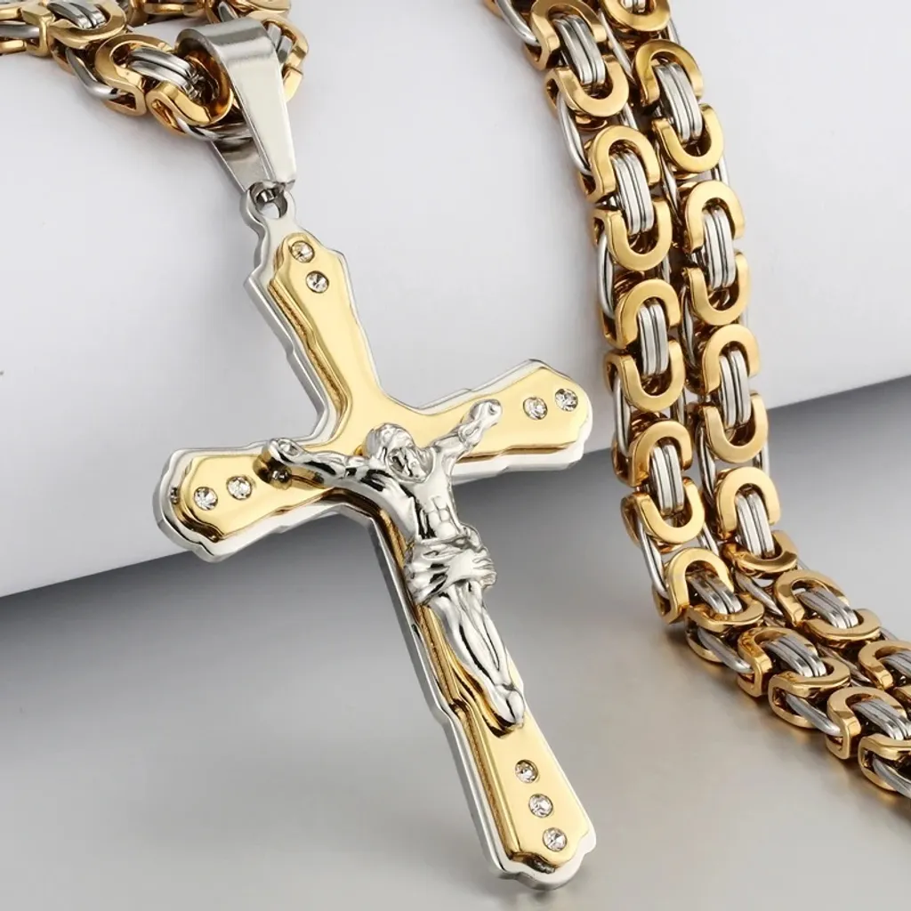 Pendentif croix homme en acier bicolore avec chaîne de 70cm KP32536 ZI