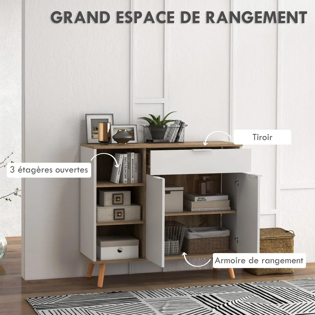 HOMCOM Buffet de cuisine blanc commode de rangement avec étagères réglables - 3
