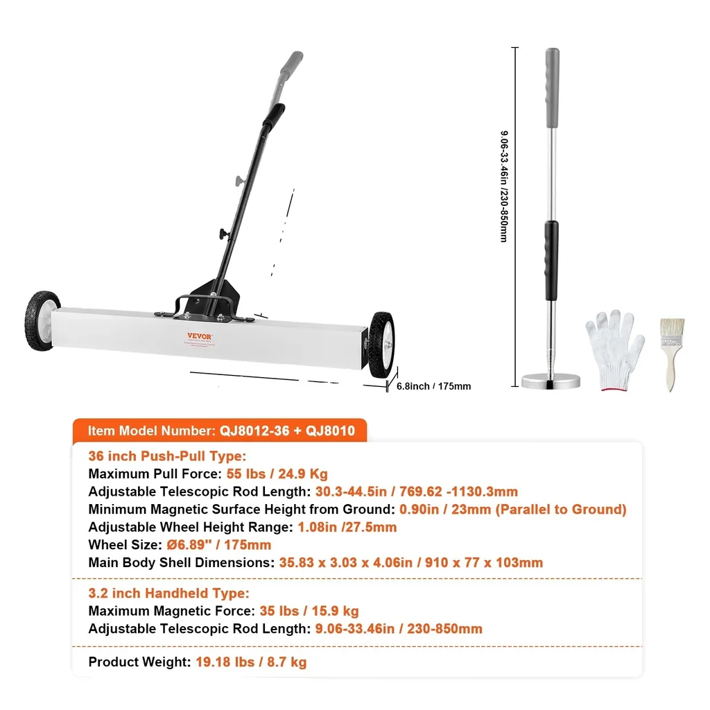 Scopa Magnetica Industriale 91cm | 25kg Trazione per Cantieri