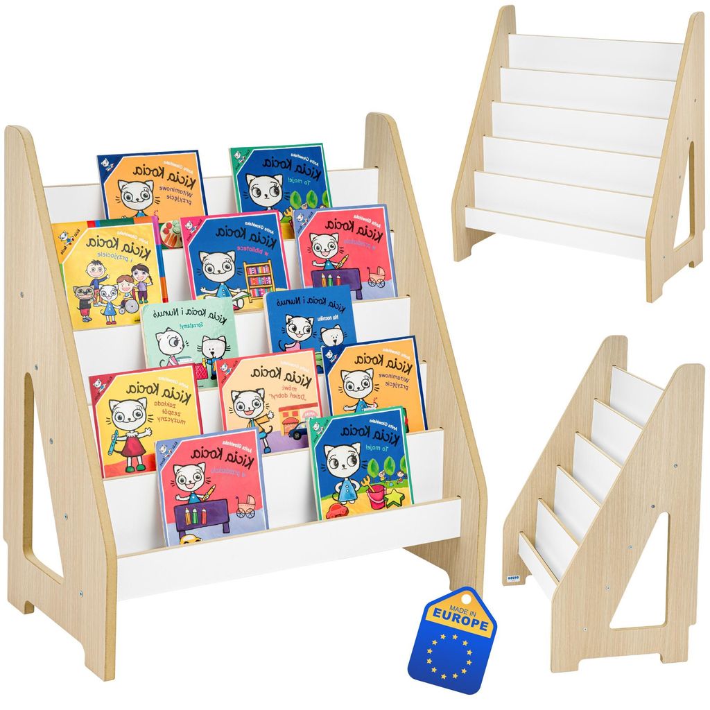 Obubu Montessori Bücherregal für Kinder, 5 Fächer, Kinderzimmer Regal für Bücher & Spielzeug, mit Sockelausschnitt, 80x70x38 cm, Eiche/Weiß