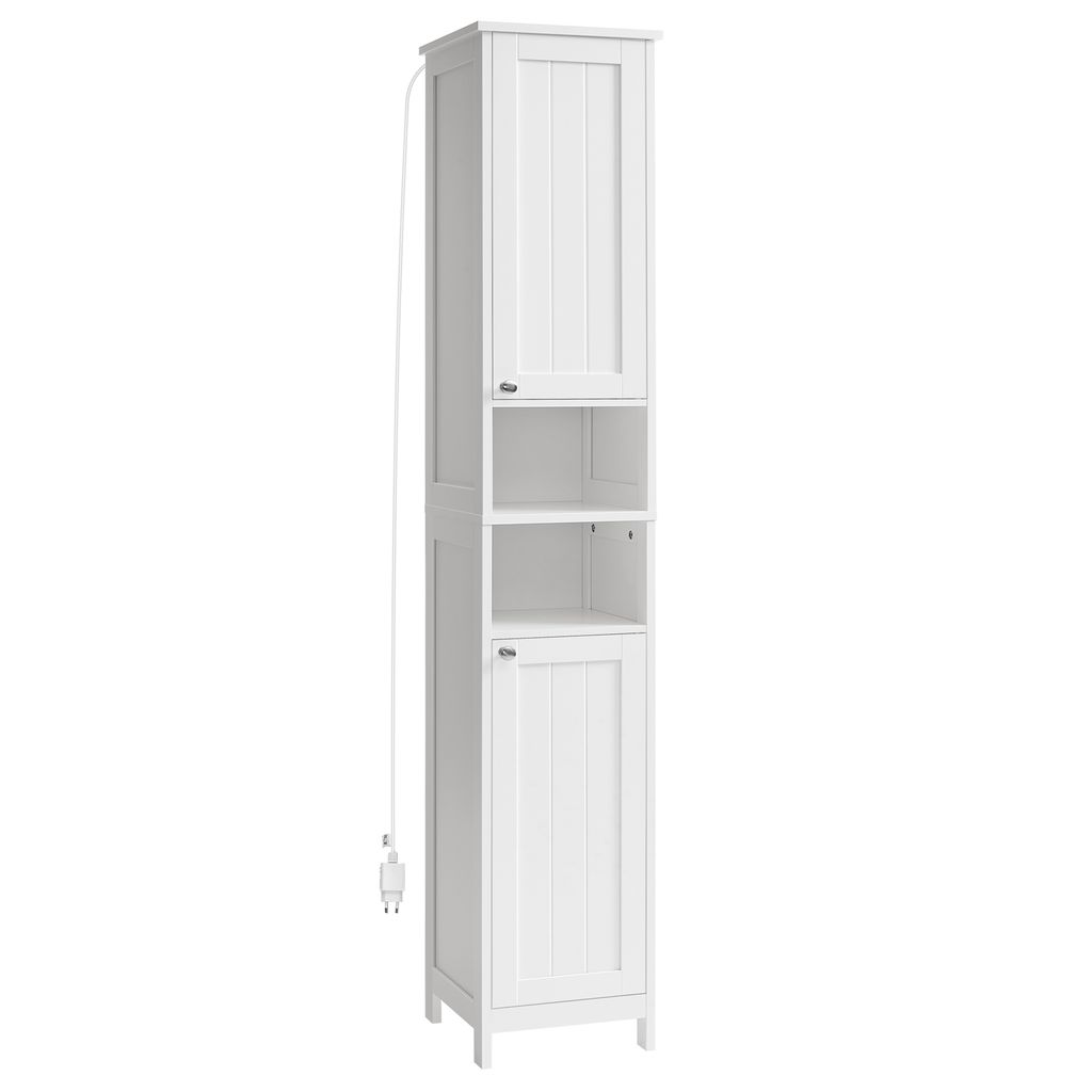 A tall, narrow white cabinet with doors and shelves.