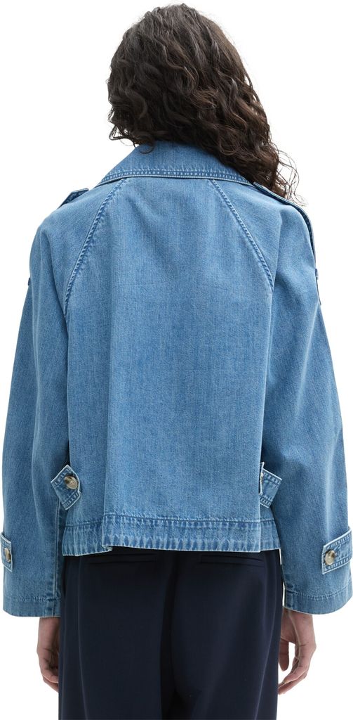 Blaue kurze Damen Jeansjacke mit doppelreihigem Knopfverschluss und breitem Revers